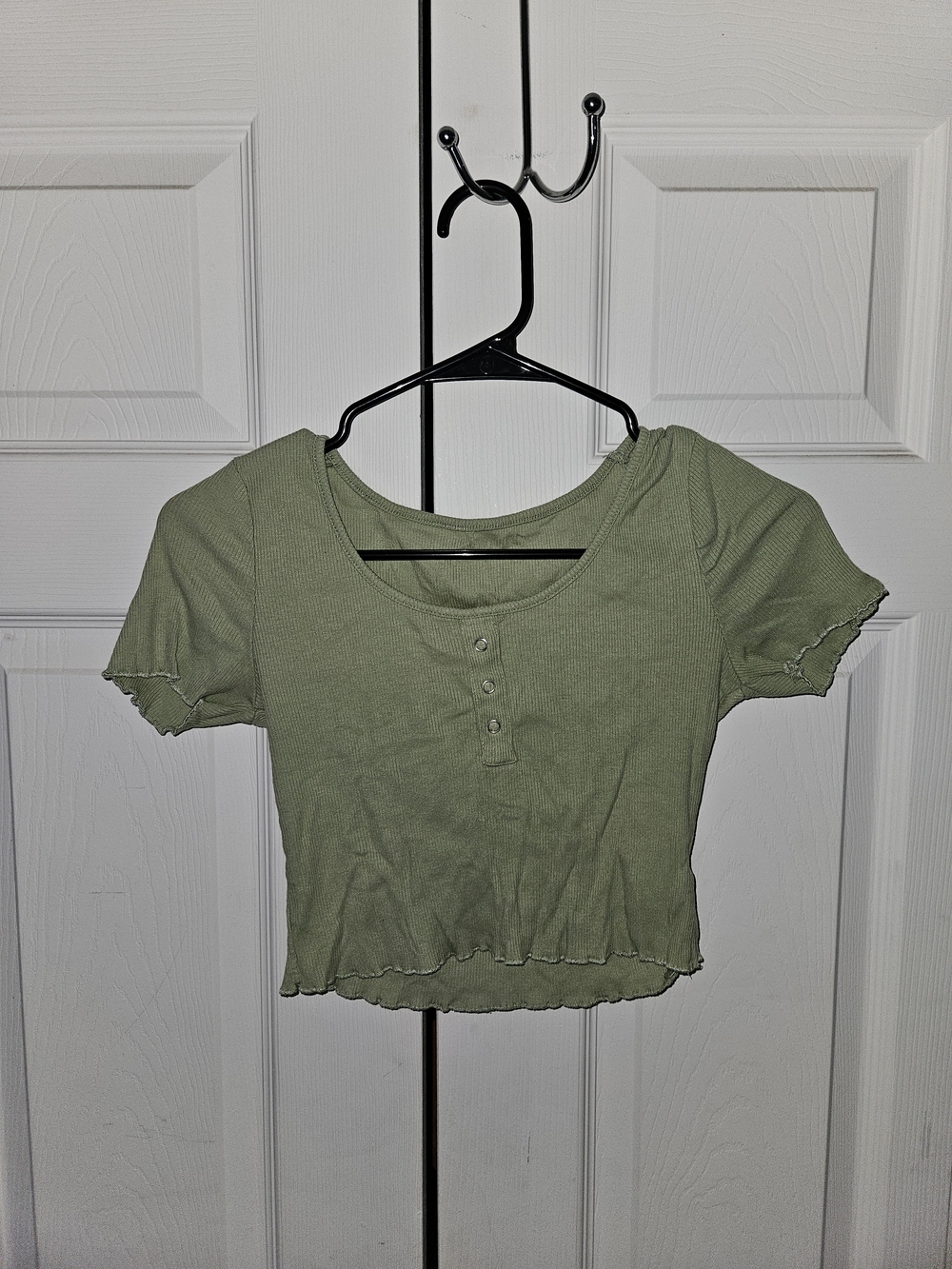 Olive Green Ribbed Henley Crop Top